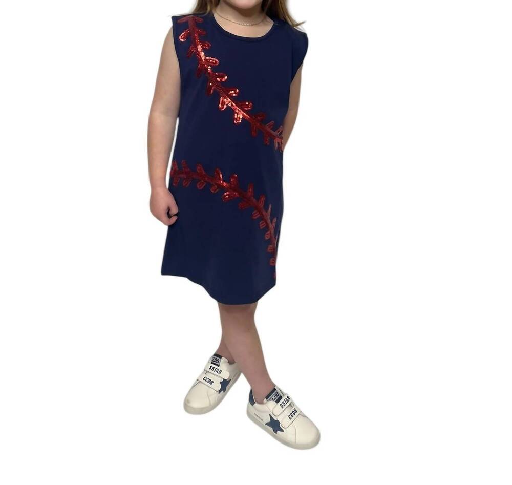 NEW BELLE CHER baseball sequin dress in navy/red